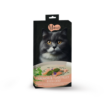 Ласощі кремові для котів Mavsy Creamy superfood SALMON AND TUNA FILLET WITH ALFALFA AND SPLASHED OF CATNIP FOR CATS у вигляді тунцево-лососевого крем супу з квітучою люцерною та вкрапленнями котячої м'яти, 15 г (5 шт) MAVSY05 фото