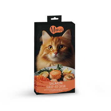 Ласощі кремові для котів Mavsy Creamy superfood SALMON WITH SCALLOP AND RED CAVIAR FOR CATS у вигляді кремоподібного пюре філе лосося з морським гребінцем та червоною ікрою, 15 г (5 шт) MAVSY04 фото